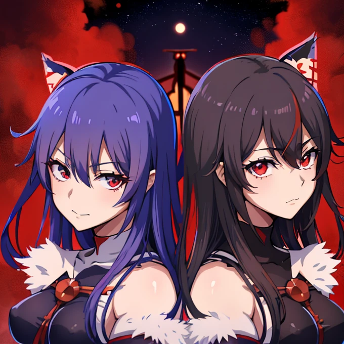 anime characters in a split picture with a red and blue background, gapmoe yandere grimdark, anime moe artstyle, from touhou, attractive matoi ryuko, ryuko matoi, demon anime girl, touhou character, anime style like fate/stay night, blue and red, ufotable art style, battle between good and evil