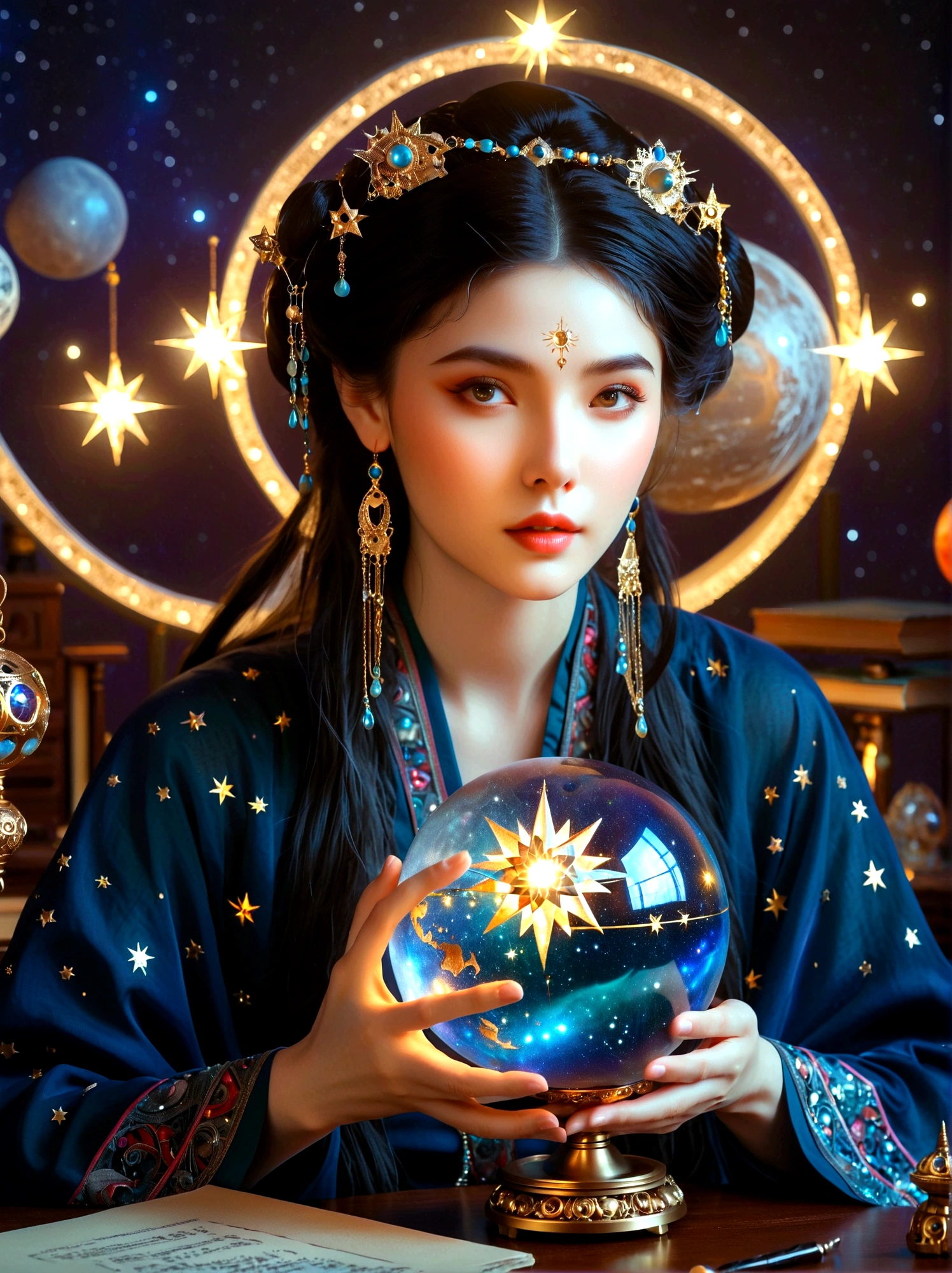 a mystic astrologer woman, flowing robes with intricate star patterns, holding a gleaming crystal ball, beautiful detailed eyes, beautiful detailed lips, long eyelashes, extremely detailed eyes and face, celestial background with stars and constellations, a desk filled with ancient scrolls and astrological tools, soft, ethereal lighting, dramatic shadows, slight bokeh effect, sharp focus, professional, vivid colors, artisan style, magical atmosphere, cosmic theme, (best quality, masterpiece:1.2), ultra-detailed, (realistic, photorealistic), illustration, 8k, highres