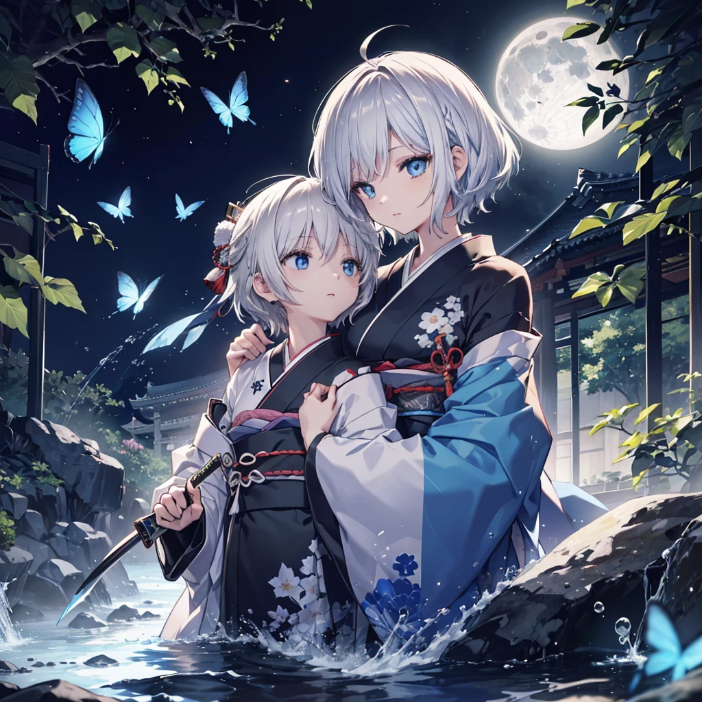 (((1 person)))　((High resolution　Gray Hair　short hair　Black kimono　shoulder))　((Black Band　military commander　Lonely　despair　blue eyes))　((Blue Butterfly　night　Japanese style　old　Shining Aura　garden　water surface))　(dance　日本knife　knife　Slashing)　moon　star 