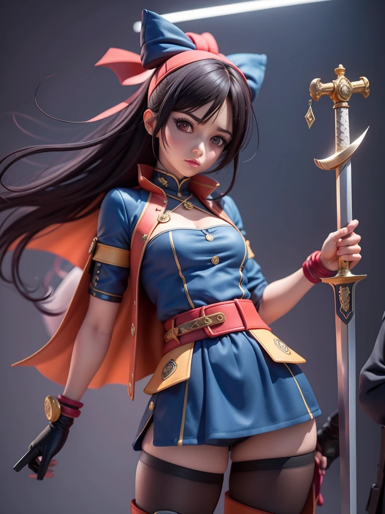 female mascot, small, , Ray-tracing, Waist slender, small, with ancient clothes, detailed, Russian robes, warm clothing, hot pants e botas, with sword in hand, futuristic gun pointing left, pose to the left, detailed doom style sword, large sword with different colors, futuristic sword, cintura small, complex light, cyberpunk sword in hand, sock with horizontal stripes in two colors up to the thigh, complex light, wool, pants with many folds, exclusive gloves, dynamic position, dark look, dark look, giant sword in hand, attacking, belts around the waist, detailed hem, giant laser sword, dark look, shorts, Darkening, Eyes red, Traits I didn't bring, prints, big thorns bracelet, shorth hair, Power spells,High subsurface, High subsurface, occlusion environment, ((dark look)), dark look, black costumes, shorth hair, big gloves, Bodysuit, (tied hair), hair divided into two, full-body vision, hair tied with ribbons and large bows, joelheiras detailed, ((blackquality hair)), ((blue short dress with stylish rip at the waist)),mortal kombat, detailed top, shoulder pads rich in details, Thigh-high boots, hair divided into two, stamped, red details,((sexy)),((peitões)),(((super sensual)))