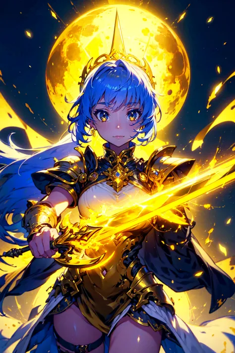 1girl,solo,cool,brilliant eye,golden dress,gold,white and yellow,,shining sword,holding sword,warrior,knight,night,fullmoon