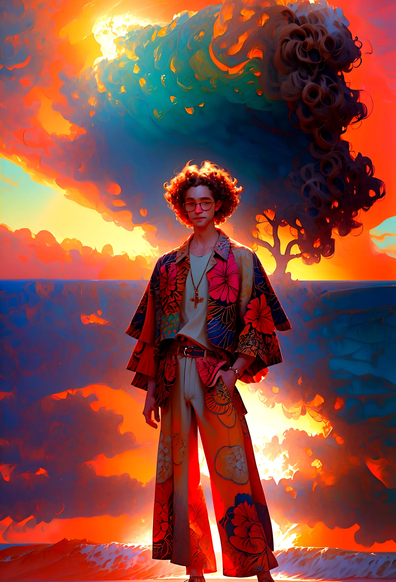a man with curly hair wearing a hawaiian shirt and glasses, standing on a beach in warm sunlight, highly detailed, digital art, ...