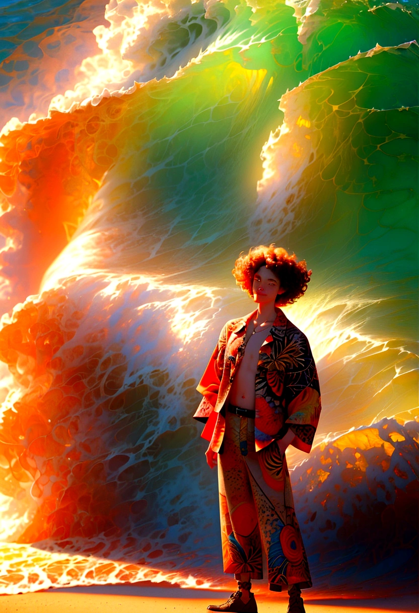 a man with curly hair wearing a hawaiian shirt and glasses, standing on a beach in warm sunlight, highly detailed, digital art, anime style, 8k, best quality, masterpiece, vibrant colors, dynamic lighting, intricate details, beautiful scenery, serene atmosphere