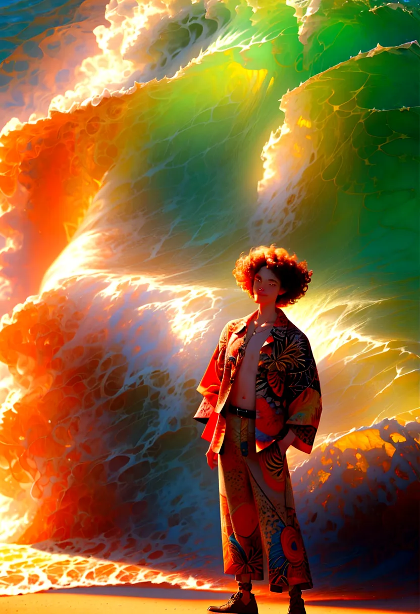 a man with curly hair wearing a hawaiian shirt and glasses, standing on a beach in warm sunlight, highly detailed, digital art, ...