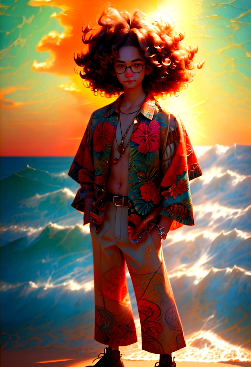 a man with curly hair wearing a hawaiian shirt and glasses, standing on a beach in warm sunlight, highly detailed, digital art, anime style, 8k, best quality, masterpiece, vibrant colors, dynamic lighting, intricate details, beautiful scenery, serene atmosphere