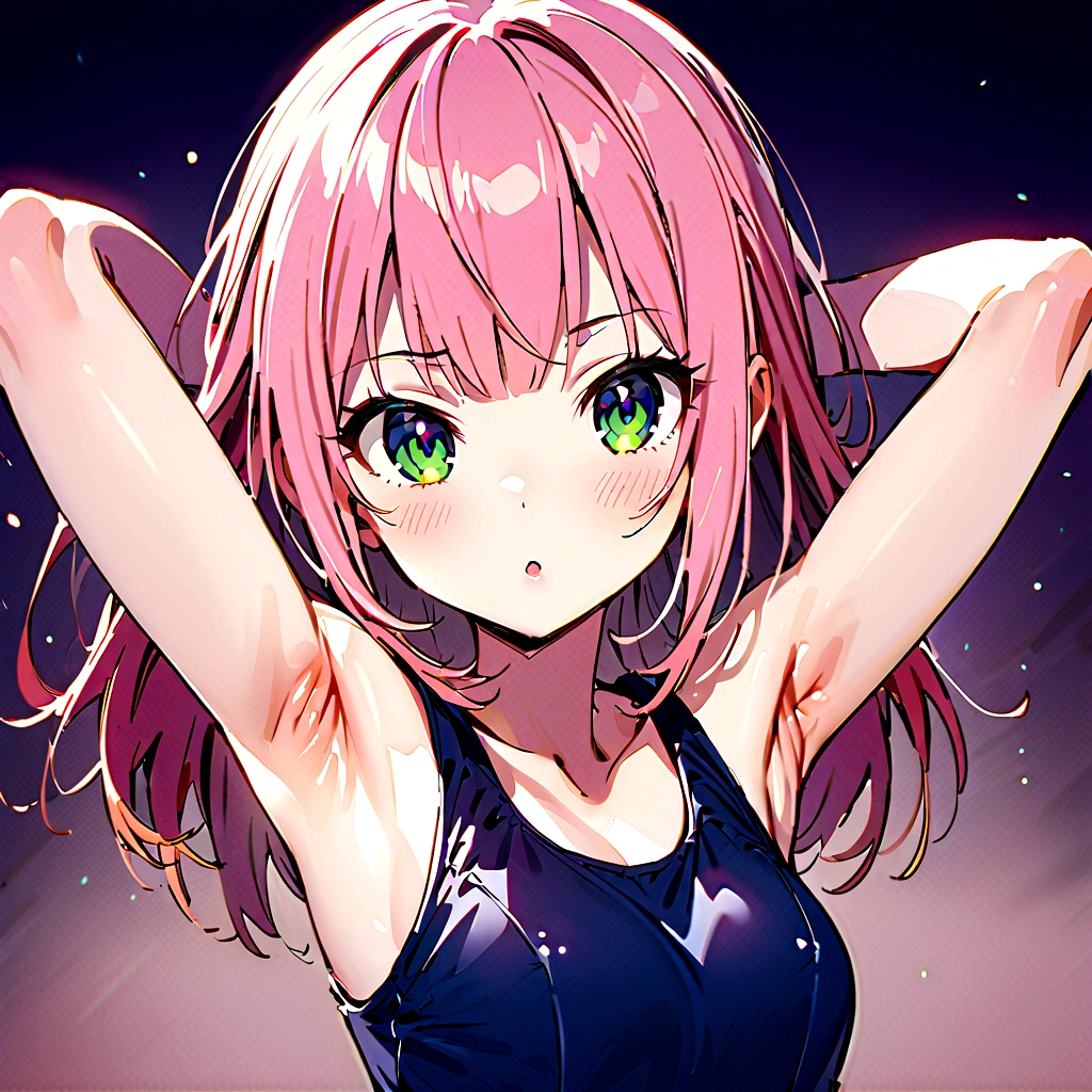 Pink haired girl、Show your armpits、slender、School Swimsuit