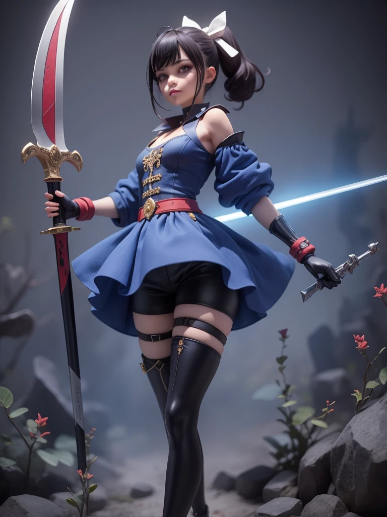 female mascot, small, , Ray-tracing, Waist slender, small, with ancient clothes, detailed, Russian robes, warm clothing, hot pants e botas, with sword in hand, futuristic gun pointing left, pose to the left, detailed doom style sword, large sword with different colors, futuristic sword, cintura small, complex light, cyberpunk sword in hand, sock with horizontal stripes in two colors up to the thigh, complex light, wool, pants with many folds, exclusive gloves, dynamic position, dark look, dark look, giant sword in hand, attacking, belts around the waist, detailed hem, giant laser sword, dark look, shorts, Darkening, Eyes red, Traits I didn't bring, prints, big thorns bracelet, shorth hair, Power spells,High subsurface, High subsurface, occlusion environment, ((dark look)), dark look, black costumes, shorth hair, big gloves, Bodysuit, (tied hair), hair divided into two, full-body vision, hair tied with ribbons and large bows, joelheiras detailed, ((blackquality hair)), ((blue short dress with stylish rip at the waist)),mortal kombat, detailed top, shoulder pads rich in details, Thigh-high boots, hair divided into two, stamped, red details,((sexy)),(((peitões))),(((super sensual)))