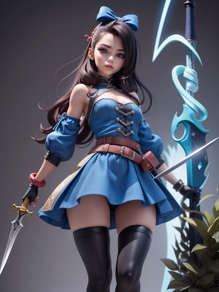 female mascot, small, , Ray-tracing, Waist slender, small, with ancient clothes, detailed, Russian robes, warm clothing, hot pants e botas, with sword in hand, futuristic gun pointing left, pose to the left, detailed doom style sword, large sword with different colors, futuristic sword, cintura small, complex light, cyberpunk sword in hand, sock with horizontal stripes in two colors up to the thigh, complex light, wool, pants with many folds, exclusive gloves, dynamic position, dark look, dark look, giant sword in hand, attacking, belts around the waist, detailed hem, giant laser sword, dark look, shorts, Darkening, Eyes red, Traits I didn't bring, prints, big thorns bracelet, shorth hair, Power spells,High subsurface, High subsurface, occlusion environment, ((dark look)), dark look, black costumes, shorth hair, big gloves, Bodysuit, (tied hair), hair divided into two, full-body vision, hair tied with ribbons and large bows, joelheiras detailed, ((blackquality hair)), ((blue short dress with stylish rip at the waist)),mortal kombat, detailed top, shoulder pads rich in details, Thigh-high boots, hair divided into two, stamped, red details,((sexy)),(((peitões))),(((super sensual)))