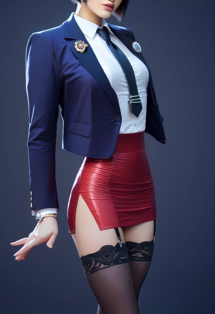 Ada Wong, skirt suit, (((three-piece suit))), (((dress shirt))), (((necktie))), (((blazer))), (((suit jacket))), (waistcoat), double-breasted waistcoat, (((bodycon miniskirt))), stockings, pocket square, cufflinks,