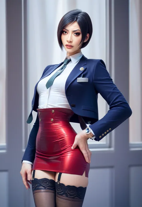 ada wong, skirt suit, (((three-piece suit))), (((dress shirt))), (((necktie))), (((blazer))), (((suit jacket))), (waistcoat), do...