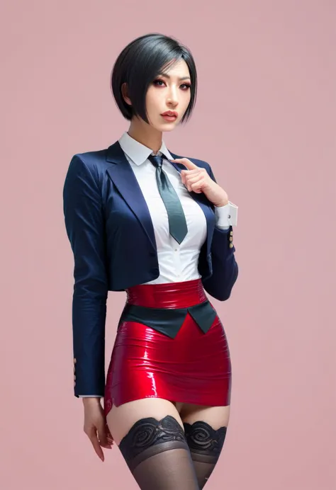 ada wong, skirt suit, (((three-piece suit))), (((dress shirt))), (((necktie))), (((blazer))), (((suit jacket))), (waistcoat), do...