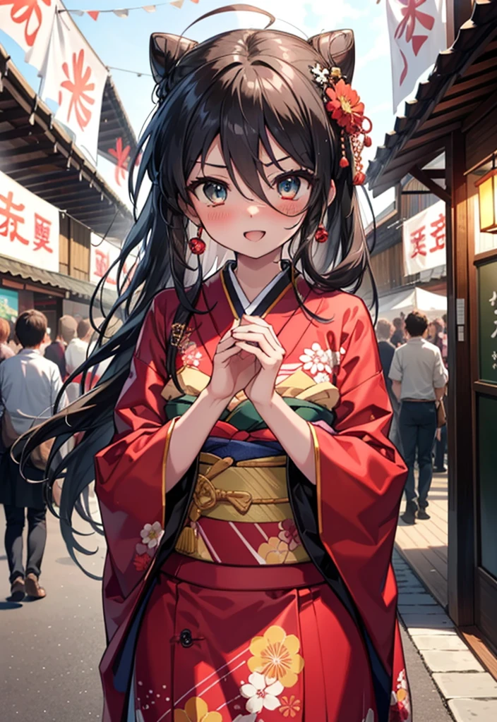 Shana,Shakugan pas Shana,cheveux longs, Roux, les yeux rouges,ahogé,sourire,rougir,Ouvrez la bouche,Chignon, single Chignon,rougir,Kimono rouge,Manches épaisses,jupe longue rouge,fête japonaise,stands du festival d&#39;été,Lanterne rouge,　　　　　　　　　　　casser looking at viewer, Haut du corps, (tir de cow-boy:1. 5) 　　　　　　　　　　　　　　　　　　casser outdoors, tombeau,festival, 　　　　　　　　　　　　　casser (chef-d&#39;œuvre:1.2), la plus haute qualité, haute résolution, unité 8k fond d&#39;écran, (forme:0.8), (De beaux et beaux yeux:1.6), Visage très détaillé, éclairage parfait, CG très détaillé, (des mains parfaites, Anatomie parfaite),