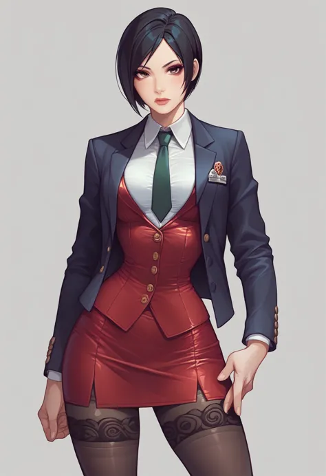 ada wong, skirt suit, (((three-piece suit))), (((dress shirt))), (((necktie))), (((blazer))), (((suit jacket))), (waistcoat), do...