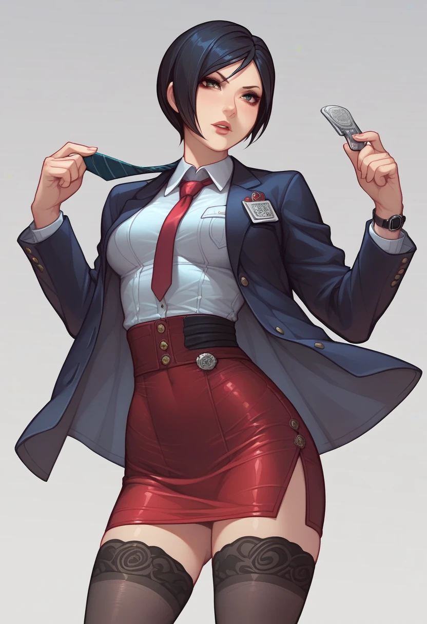 Ada Wong, skirt suit, (((three-piece suit))), (((dress shirt))), (((necktie))), (((blazer))), (((suit jacket))), (waistcoat), double-breasted waistcoat, (((bodycon miniskirt))), stockings, pocket square, cufflinks,