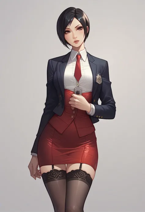 ada wong, skirt suit, (((three-piece suit))), (((dress shirt))), (((necktie))), (((blazer))), (((suit jacket))), (waistcoat), do...