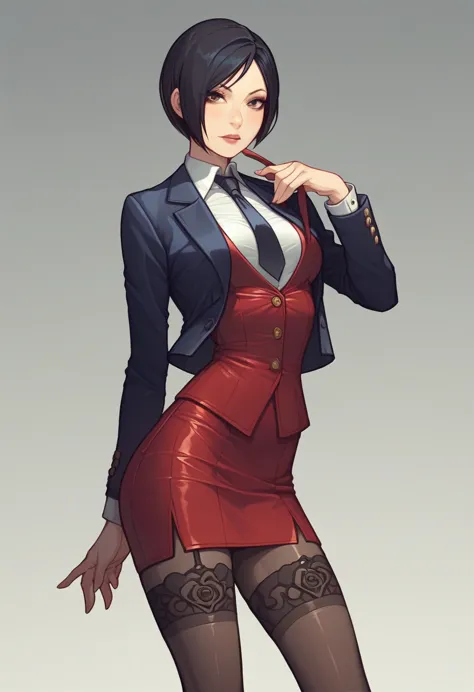 ada wong, skirt suit, (((three-piece suit))), (((dress shirt))), (((necktie))), (((blazer))), (((suit jacket))), (waistcoat), do...