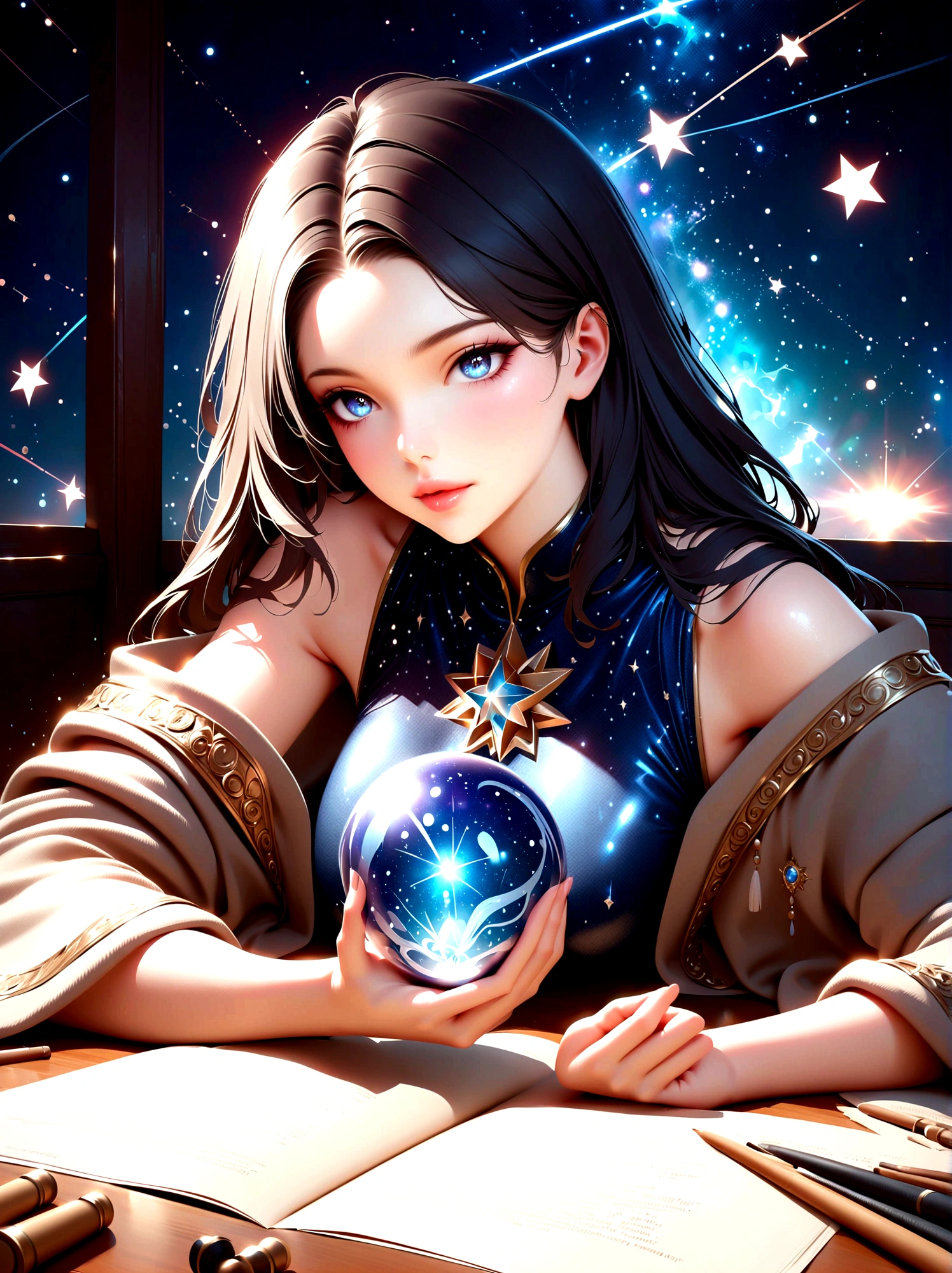 a mystic astrologer woman, flowing robes with intricate star patterns, holding a gleaming crystal ball, beautiful detailed eyes, beautiful detailed lips, long eyelashes, extremely detailed eyes and face, celestial background with stars and constellations, a desk filled with ancient scrolls and astrological tools, soft, ethereal lighting, dramatic shadows, slight bokeh effect, sharp focus, professional, vivid colors, artisan style, magical atmosphere, cosmic theme, (best quality, masterpiece:1.2), ultra-detailed, (realistic, photorealistic), illustration, 8k, highres