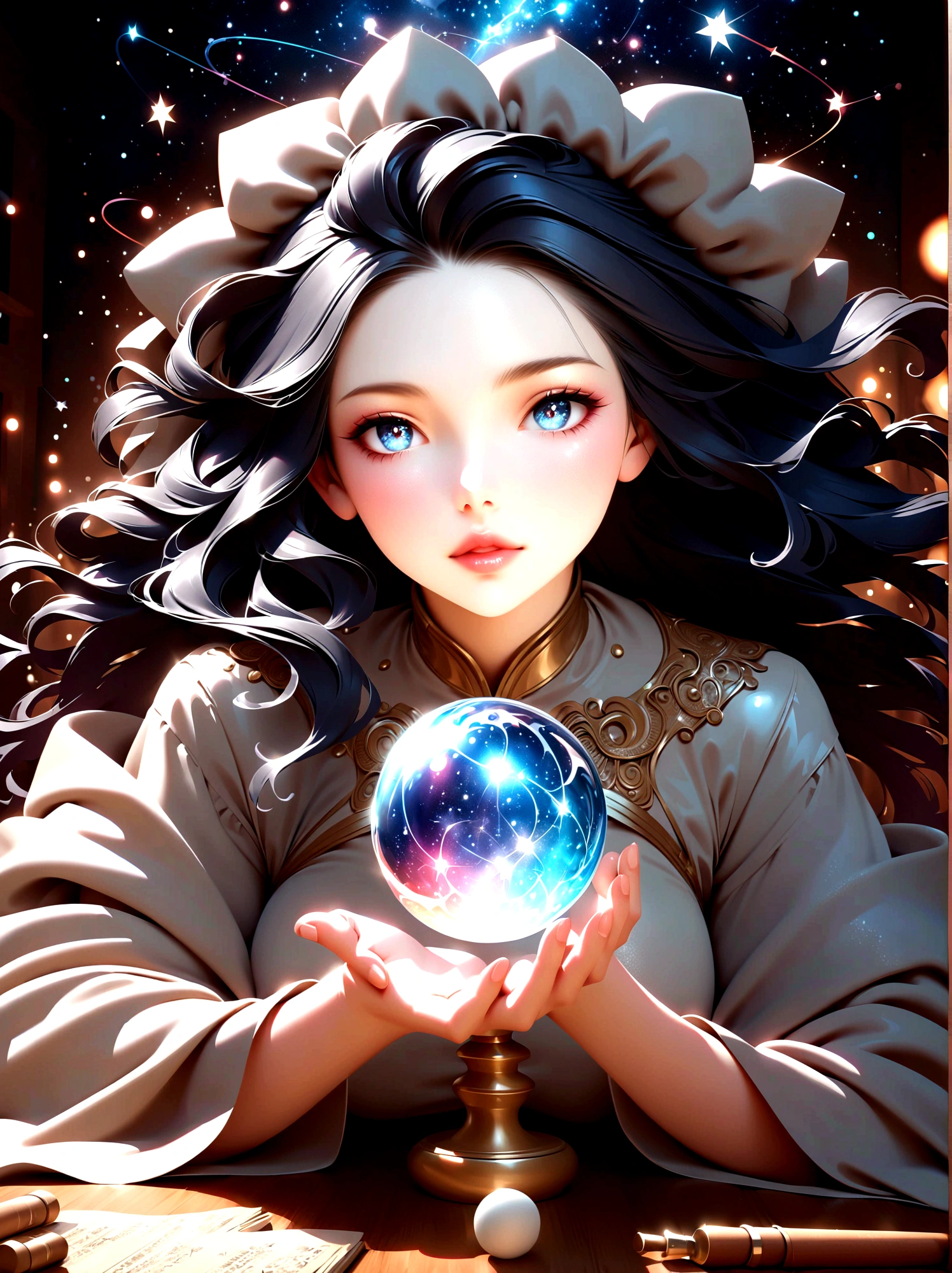 a mystic astrologer woman, flowing robes with intricate star patterns, holding a gleaming crystal ball, beautiful detailed eyes, beautiful detailed lips, long eyelashes, extremely detailed eyes and face, celestial background with stars and constellations, a desk filled with ancient scrolls and astrological tools, soft, ethereal lighting, dramatic shadows, slight bokeh effect, sharp focus, professional, vivid colors, artisan style, magical atmosphere, cosmic theme, (best quality, masterpiece:1.2), ultra-detailed, (realistic, photorealistic), illustration, 8k, highres