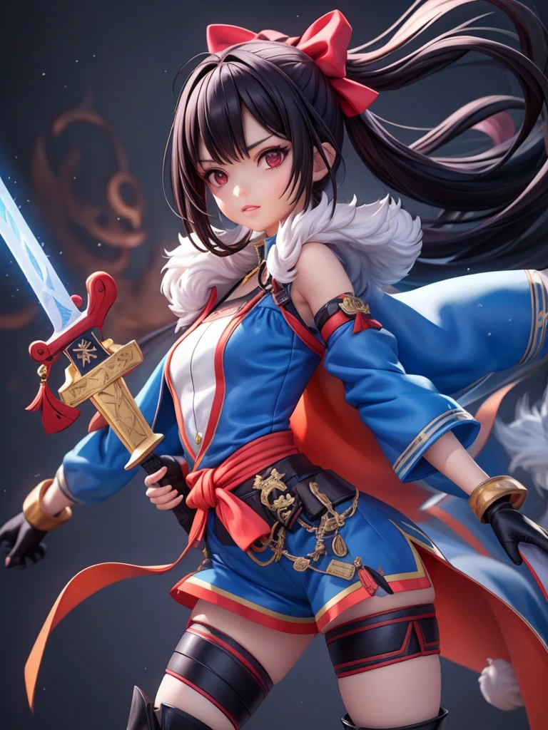 female mascot, small, , Ray-tracing, Waist slender, small, with ancient clothes, detailed, Russian robes, warm clothing, hot pants e botas, with sword in hand, futuristic gun pointing left, pose to the left, detailed doom style sword, large sword with different colors, futuristic sword, cintura small, complex light, cyberpunk sword in hand, sock with horizontal stripes in two colors up to the thigh, complex light, wool, pants with many folds, exclusive gloves, dynamic position, dark look, dark look, giant sword in hand, attacking, belts around the waist, detailed hem, giant laser sword, dark look, shorts, Darkening, Eyes red, Traits I didn't bring, prints, big thorns bracelet, shorth hair, Power spells,High subsurface, High subsurface, occlusion environment, ((dark look)), dark look, black costumes, shorth hair, big gloves, Bodysuit, (tied hair), hair divided into two, full-body vision, hair tied with ribbons and large bows, joelheiras detailed, ((blackquality hair)), ((blue short dress with stylish rip at the waist)),mortal kombat, detailed top, shoulder pads rich in details, Thigh-high boots, hair divided into two, stamped, red details,((sexy)),(((peitões))),(((super sensual)))