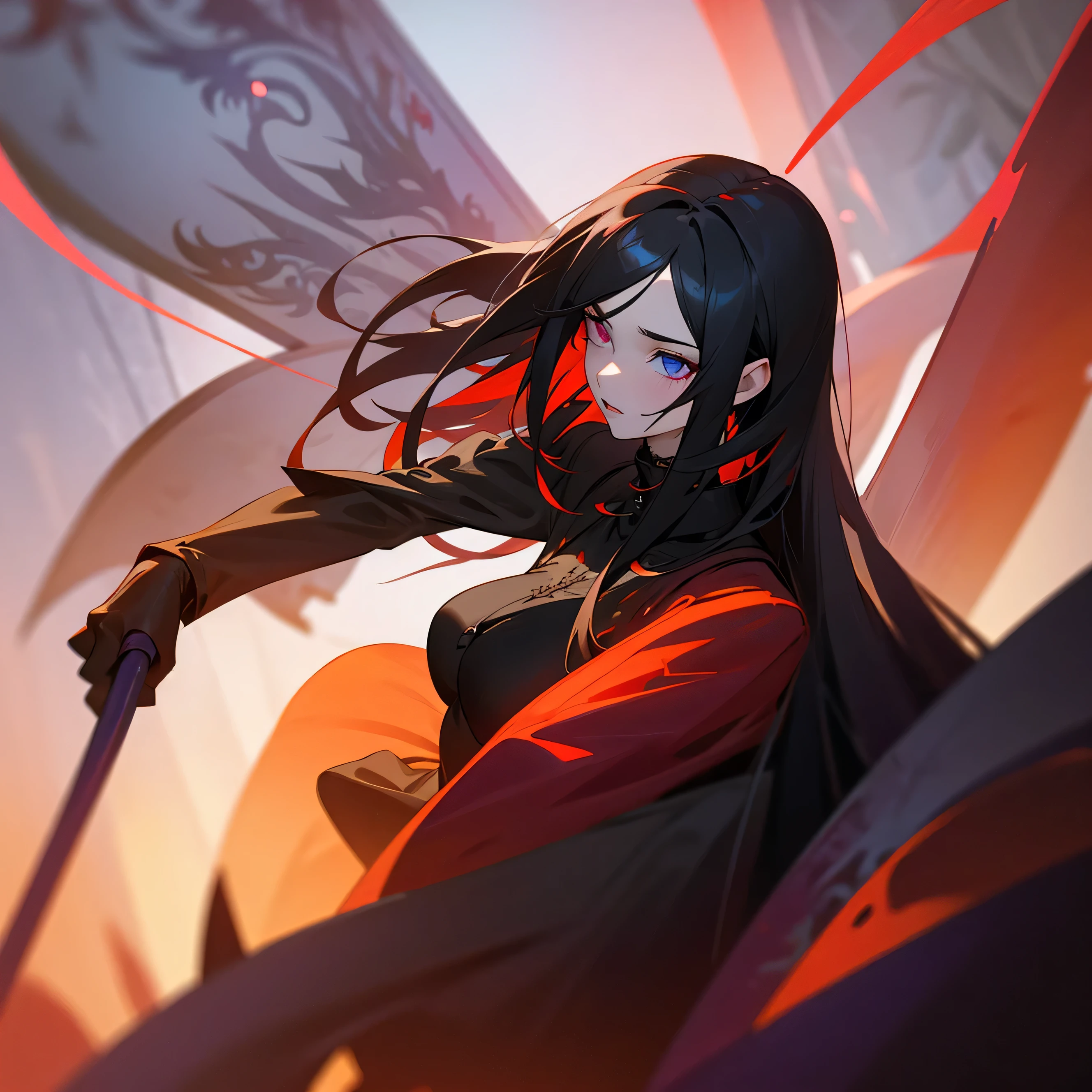 Adult female with cool red-purple heterochromia eyes, beautiful woman, perfect face,  wearing a red dress, long black hair (top quality, 8k, high, masterpiece), highly detailed facial features, intricate details, natural lighting, warm color, soft focus, digital painting, fantasy art, silhouette, red light, eerie atmosphere, foggy, Scythe, weapon, red aura, black particles, big breasts.