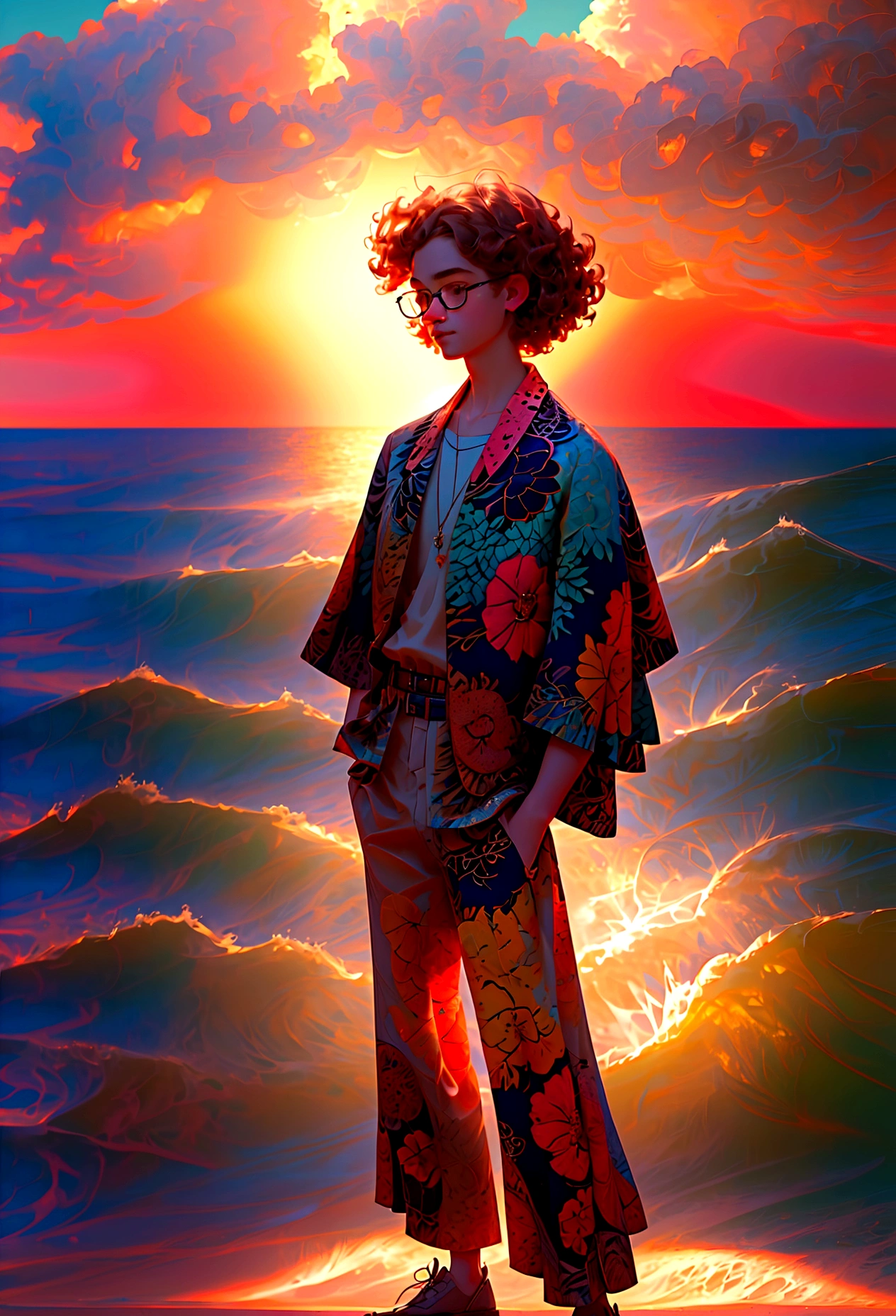 close shot a man with short curly hair wearing a hawaiian shirt and glasses, standing on a beach in warm sunlight, highly detailed, digital art, anime style, 8k, best quality, masterpiece, vibrant colors, dynamic lighting, intricate details, beautiful scenery, serene atmosphere