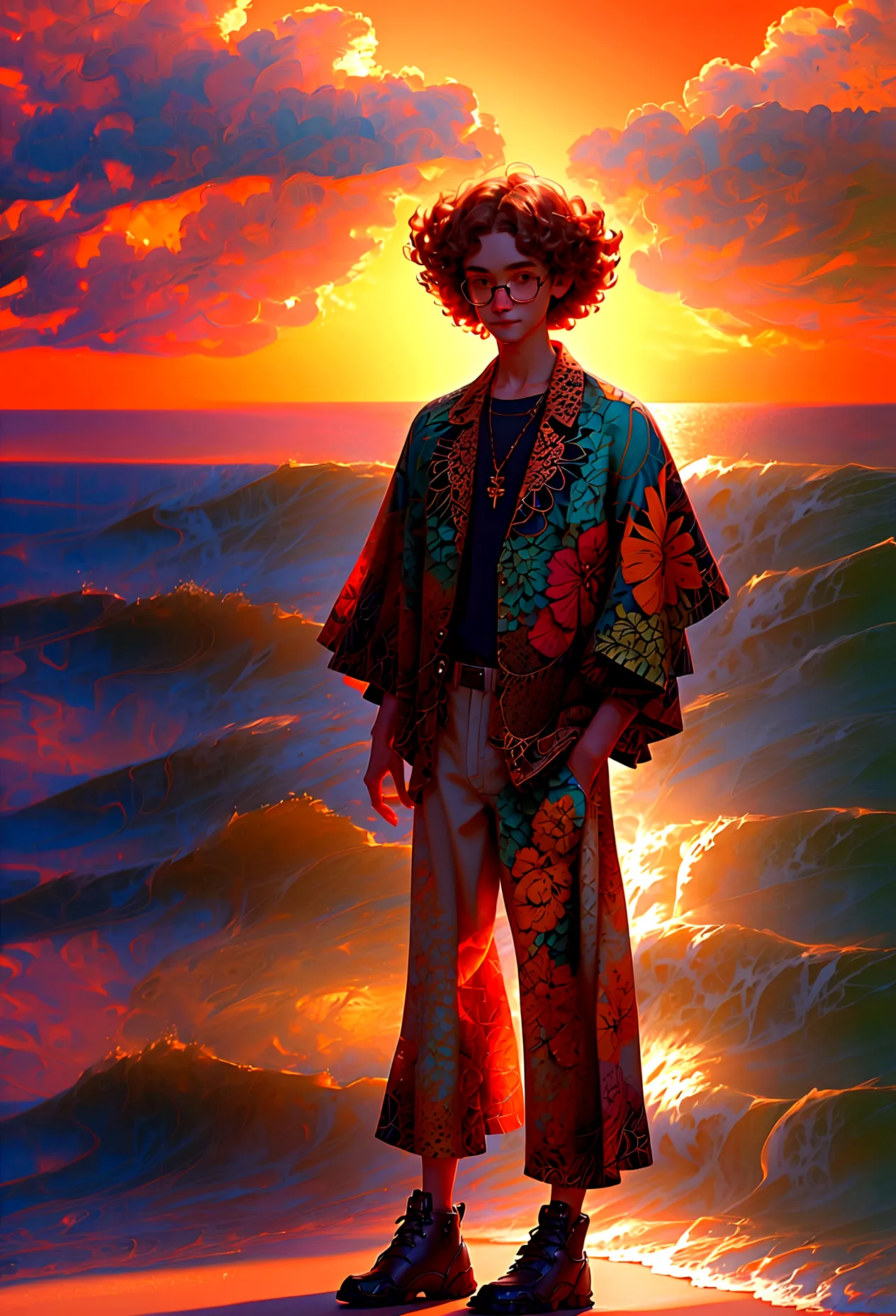 close shot a man with short curly hair wearing a hawaiian shirt and glasses, standing on a beach in warm sunlight, highly detail...
