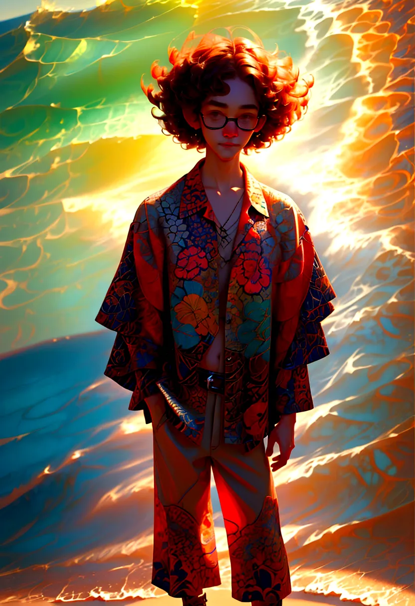 close shot a man with short curly hair wearing a hawaiian shirt and glasses, standing on a beach in warm sunlight, highly detail...