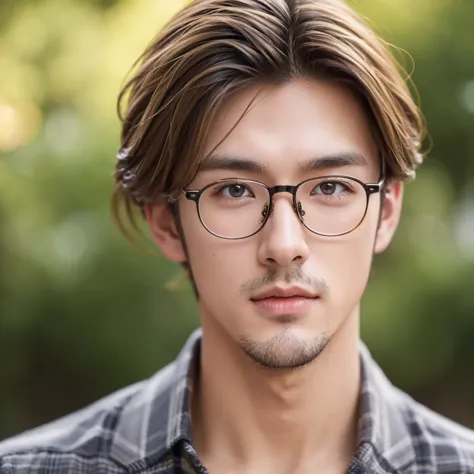 Handsome British mix Japanese guy, dark blonde hair, hazel eyes, 20 years old, eyeglasses 