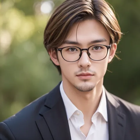 Handsome British mix Japanese guy, dark blonde hair, hazel eyes, 20 years old, eyeglasses 