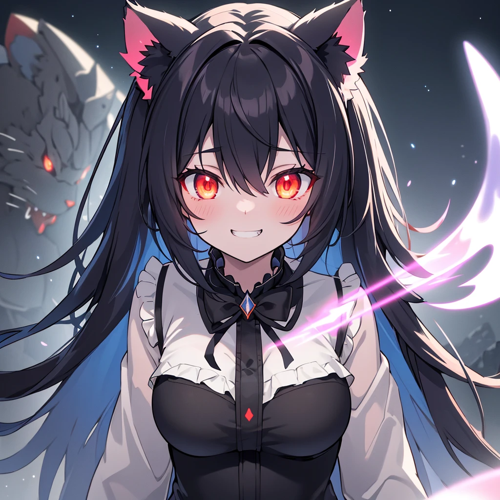 ultra detailed, sharp focus, best quality, masterpiece, colorful, 1girl, shadow, red glowing eyes, grin, cat face, :3, close-up, volumetric lighting, high contrast, dimly lit