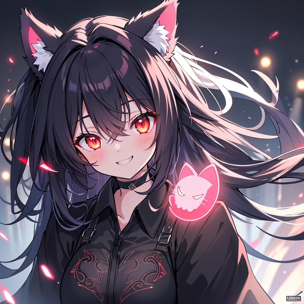 ultra detailed, sharp focus, best quality, masterpiece, colorful, 1girl, shadow, red glowing eyes, grin, cat face, :3, close-up, volumetric lighting, high contrast, dimly lit