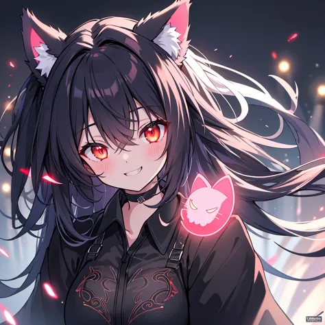 ultra detailed, sharp focus, best quality, masterpiece, colorful, 1girl, shadow, red glowing eyes, grin, cat face, :3, close-up,...