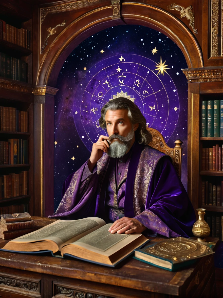 mystical astrologer in ancient library, starry galaxy projected on walls, astrological symbols glowing softly, astrologer wearing rich velvet robe with golden celestial patterns, holding a brass astrolabe, candlelit environment casting warm light on ancient texts, high intricate detailed face with sage-like wise expression, beautiful detailed eyes, strong detailed nose, mystical ambient lighting, (best quality, 8k,highres,masterpiece),ultra-detailed,(realistic,photorealistic), vintage astrological tools, mysterious atmosphere, enchanted ancient library, age-worn books and scrolls, scattered star charts, lush curtain draperies in deep purple, intricate hairstyles, detailed beard and mustache, ambient occlusion, old wooden furniture, (oil painting style,enchanted,vivid colors)