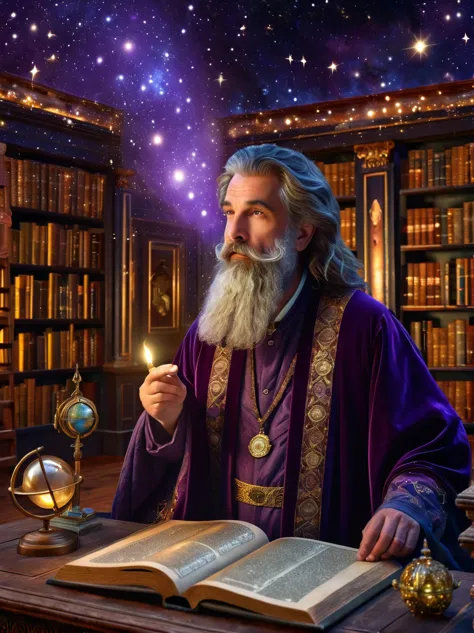 mystical astrologer in ancient library, starry galaxy projected on walls, astrological symbols glowing softly, astrologer wearin...