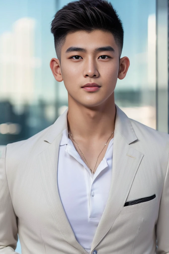 Young Korean man in a white flight suit, close up airplane background, Detailed background, inch details, Take the whole body, Quiv haircut, Look at the camera, Detailed parts of the face, Manly, Active Boy, Freestyle moves, happy expression, perfect anatomy, Symmetrical body, Asia boy 19 years old, Highly detailed, Asia, realistic, human skin, short hairstyle, handsome chad chin, handsome, Be a man, charming, human skin, (Make eye contact), handsome, charming