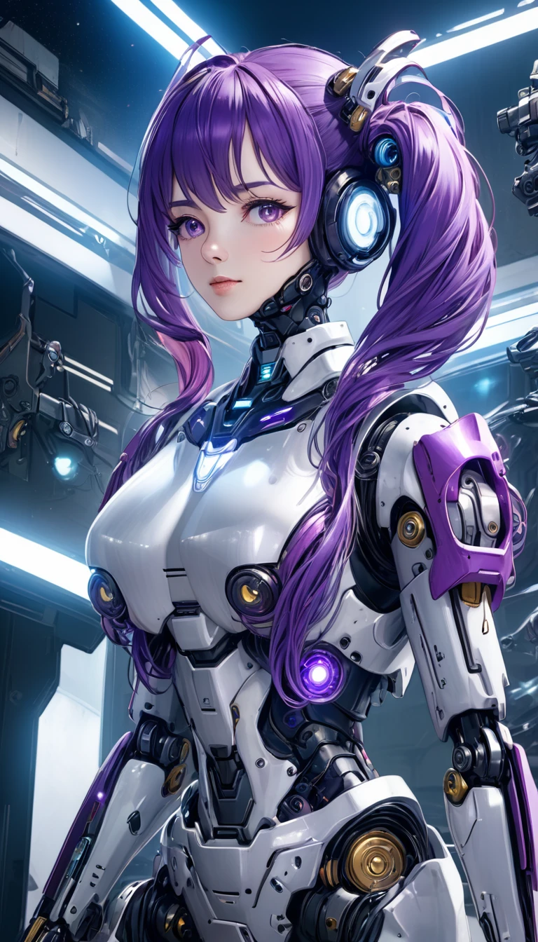 (((Best quality, 8k, Masterpiece: 1.3)), ((best quality)), ((masterpiece)), (detailed), perfect face, Female android, artificial intelligence, robot, metal frame, cyberspace, science fiction, laser gun, mechanical body, purple hair, sidelocks, twintails, from side, helmet with decorations, cowboy shot,