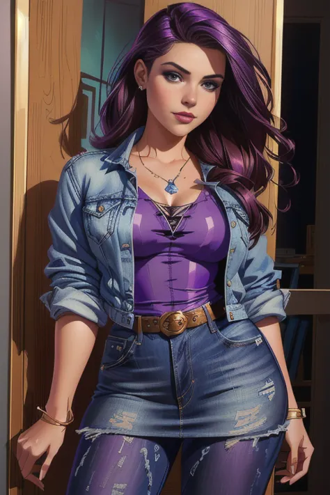 arafed woman in a purple top and blue jean jacket posing for a picture, kate bishop, fully clothed. painting of sexy, realistic ...
