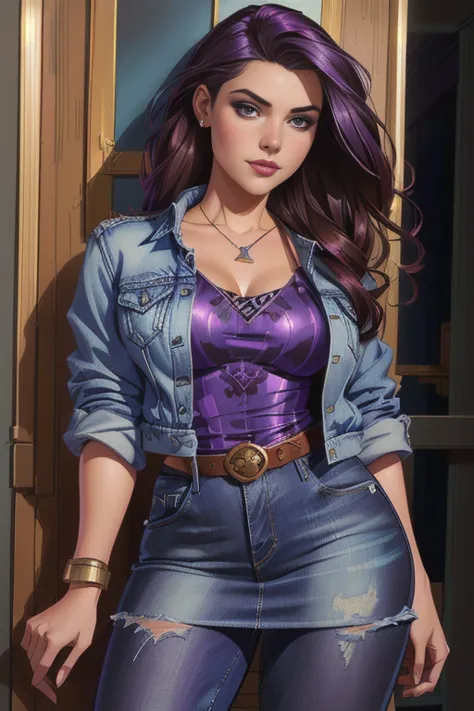 arafed woman in a purple top and blue jean jacket posing for a picture, kate bishop, fully clothed. painting of sexy, realistic ...