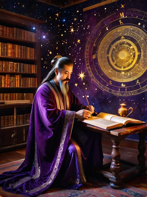 Mysterious astrologer in ancient library，Galaxy is projected on the wall，Astrological symbols softly glow，The astrologer wears a...