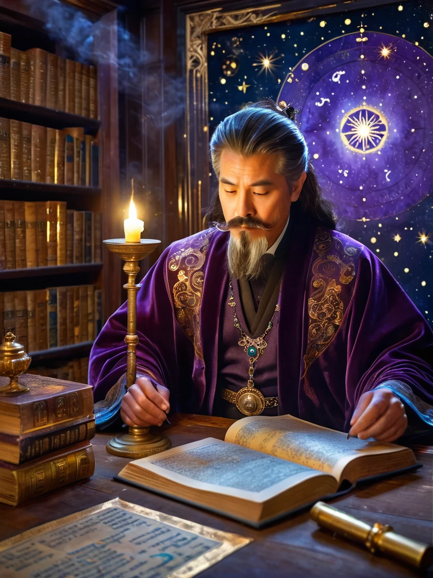 Mysterious astrologer in ancient library，Galaxy is projected on the wall，Astrological symbols softly glow，The astrologer wears a rich velvet robe with golden celestial patterns.，Handheld brass astrolabe，The candlelit environment casts a warm light on the ancient text，Excellent facial details，With a wise expression，Beautiful eye details，Strong nose line，Mysterious atmosphere lighting，Vintage Astrology Tools，Mysterious atmosphere，charming ancient library，Books and scrolls that bear the marks of time，Scattered star map，Gorgeous dark purple curtains，Complex hairstyle，Detailed beard and mustache，ambient occlusion，Old wooden furniture，(Oil painting style，charming，Vivid colors), (Best quality，8k，high resolution，masterpiece)，Ultra-detailed