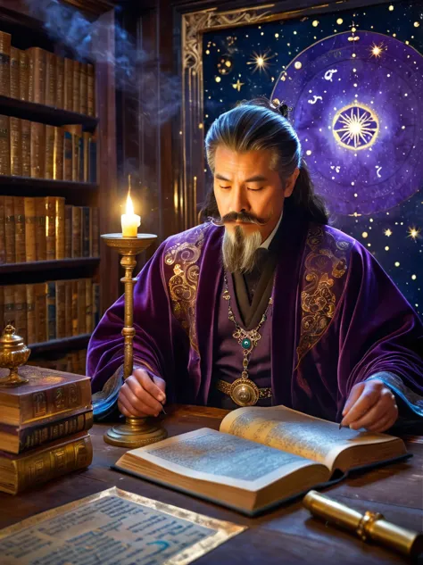 Mysterious astrologer in ancient library，Galaxy is projected on the wall，Astrological symbols softly glow，The astrologer wears a...