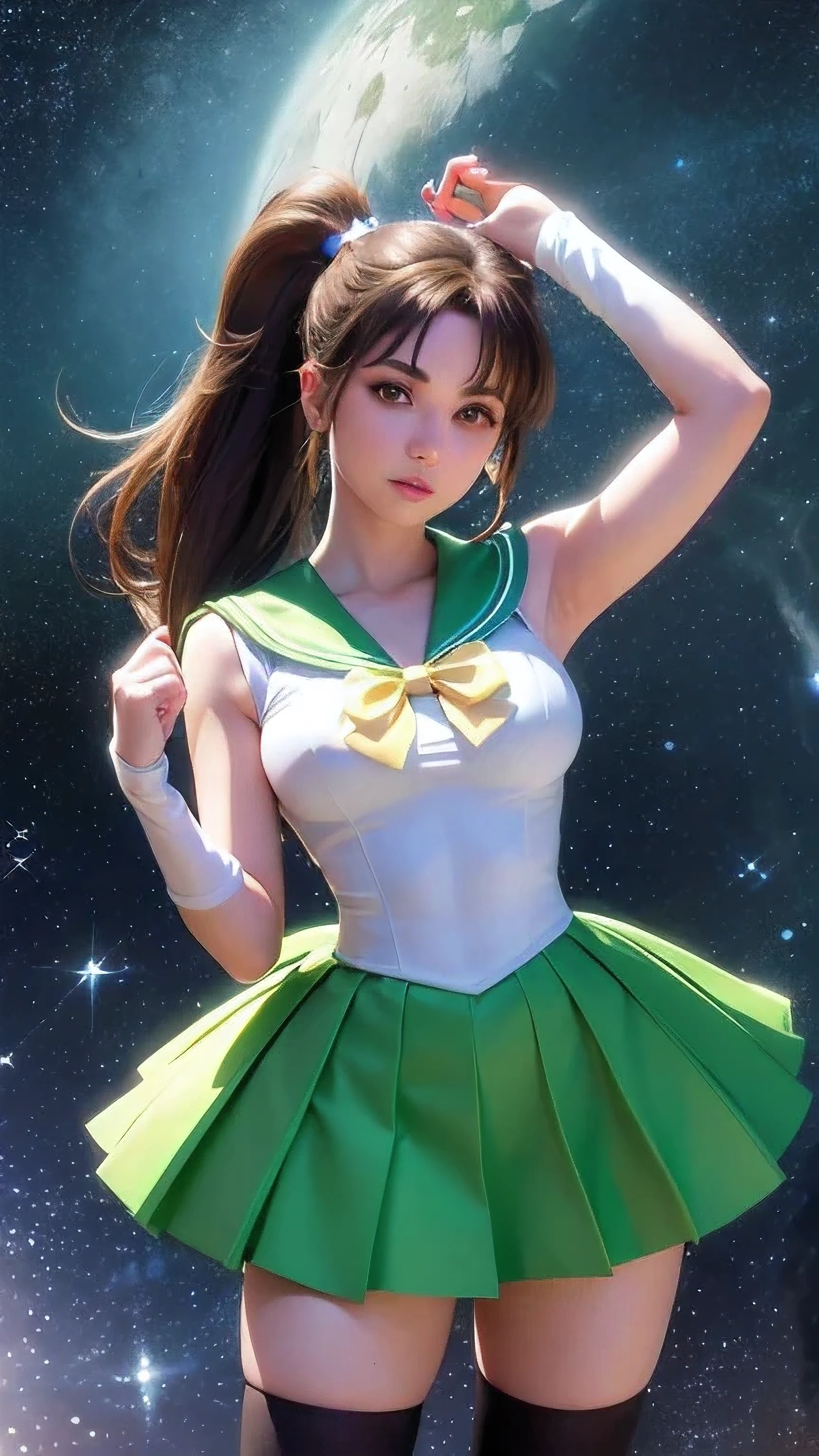 A detailed and vibrant image of a character similar to Makoto Kino from Sailor Moon, standing in an iconic pose with a background of a starry night sky. She is wearing a classic sailor suit with a white bodice, green skirt, black stockings, and green ribbon. With wavey single long pony tale, and wearing golden tiara, and her eyes are large and expressive, showing intelligence and grace. The background includes the moon and stars to enhance the magical atmosphere