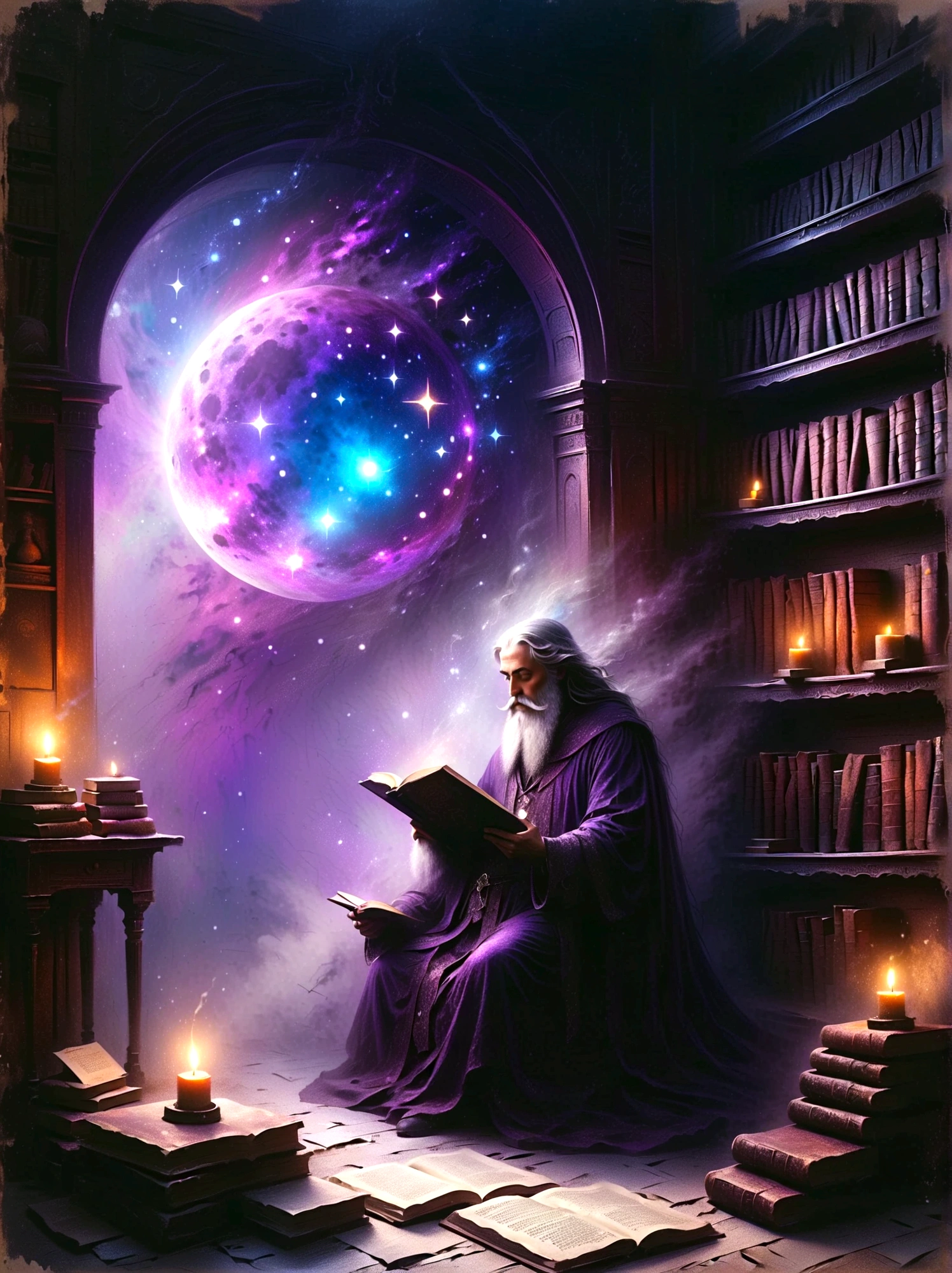 mystical astrologer in ancient library, starry galaxy projected on walls, astrological symbols glowing softly, astrologer wearing rich velvet robe with golden celestial patterns, holding a brass astrolabe, candlelit environment casting warm light on ancient texts, high intricate detailed face with sage-like wise expression, beautiful detailed eyes, strong detailed nose, mystical ambient lighting, (best quality, 8k,highres,masterpiece), vintage astrological tools, mysterious atmosphere, enchanted ancient library, age-worn books and scrolls, scattered star charts, lush curtain draperies in deep purple, intricate hairstyles, detailed beard and mustache, ambient occlusion, old wooden furniture, (oil painting style,enchanted,vivid colors)