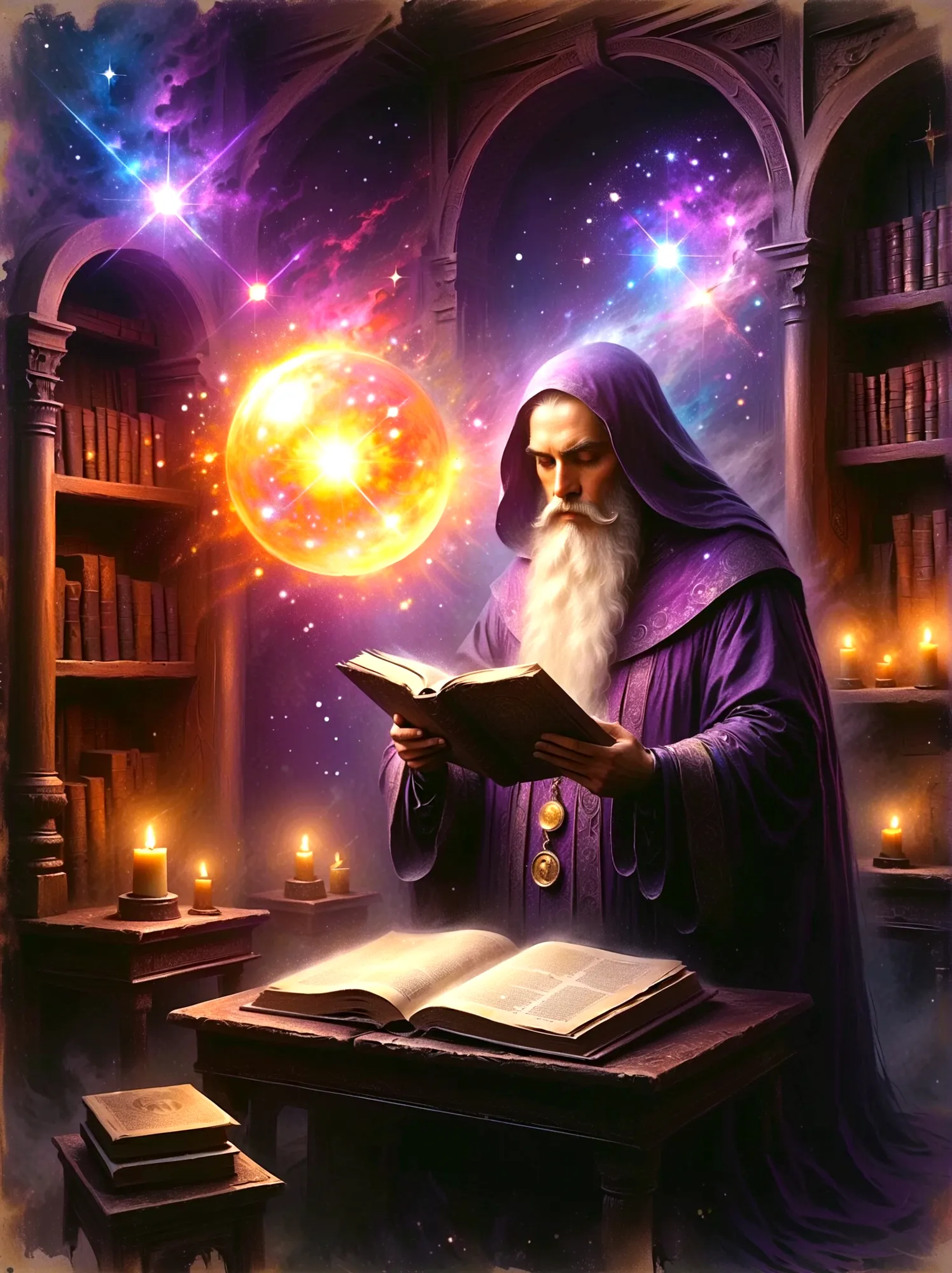 mystical astrologer in ancient library, starry galaxy projected on walls, astrological symbols glowing softly, astrologer wearin...