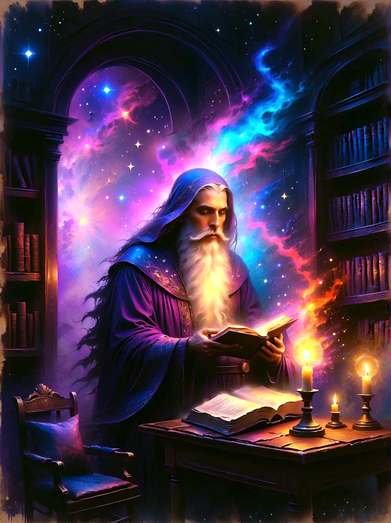 mystical astrologer in ancient library, starry galaxy projected on walls, astrological symbols glowing softly, astrologer wearing rich velvet robe with golden celestial patterns, holding a brass astrolabe, candlelit environment casting warm light on ancient texts, high intricate detailed face with sage-like wise expression, beautiful detailed eyes, strong detailed nose, mystical ambient lighting, (best quality, 8k,highres,masterpiece), vintage astrological tools, mysterious atmosphere, enchanted ancient library, age-worn books and scrolls, scattered star charts, lush curtain draperies in deep purple, intricate hairstyles, detailed beard and mustache, ambient occlusion, old wooden furniture, (oil painting style,enchanted,vivid colors)