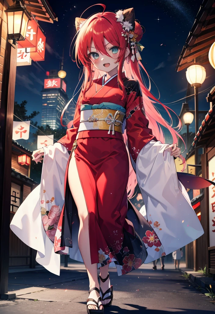 Shana,灼眼のShana,Long Hair, Redhead, Red eyes,Ahoge,smile,blush,Open your mouth,Hair Bun, single Hair Bun,blush,Red Kimono,Thick sleeves,Red long skirt,Sandals,日本のfestival,夏festivalの屋台,Red lantern,whole bodyがイラストに入るように,Walking,　　　　　　　　　　　break looking at viewer, whole body,  　　　　　　　　break outdoors, shrine,festival, 　　　　　　　　　　　　　break (masterpiece:1.2), Highest quality, High resolution, unity 8k wallpaper, (shape:0.8), (Beautiful and beautiful eyes:1.6), Highly detailed face, Perfect lighting, Highly detailed CG, (Perfect hands, Perfect Anatomy),