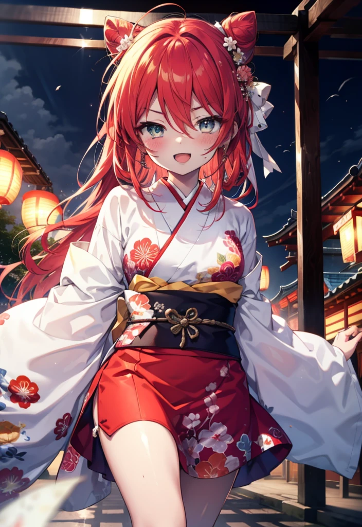 Shana,灼眼のShana,Long Hair, Redhead, Red eyes,Ahoge,smile,blush,Open your mouth,Hair Bun, single Hair Bun,blush,Red Kimono,Thick sleeves,Red long skirt,Sandals,日本のfestival,夏festivalの屋台,Red lantern,whole bodyがイラストに入るように,Walking,　　　　　　　　　　　break looking at viewer, whole body,  　　　　　　　　break outdoors, shrine,festival, 　　　　　　　　　　　　　break (masterpiece:1.2), Highest quality, High resolution, unity 8k wallpaper, (shape:0.8), (Beautiful and beautiful eyes:1.6), Highly detailed face, Perfect lighting, Highly detailed CG, (Perfect hands, Perfect Anatomy),