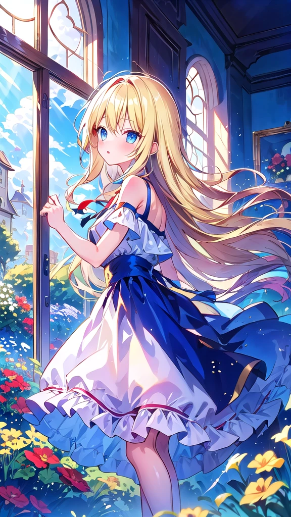 pretty girl, Open shoulder, Lace skirt, Blonde, From the side, Long Hair, look up, Disheveled Hair, window, curtain, sunlight, Shiny Hair, blue eyes, Curie, garden, Are standing