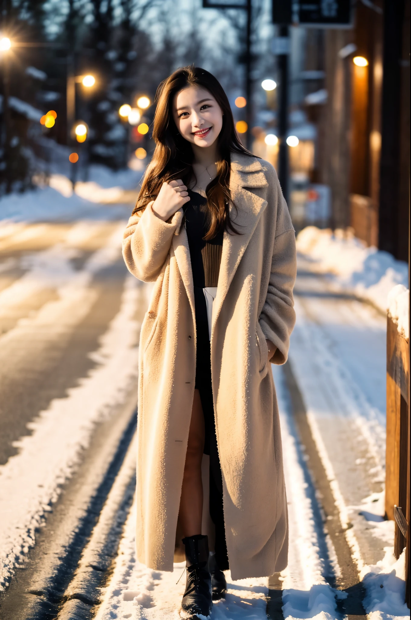 ulzzang-6500-v1.1, (RAW Photos:1.2), (Photorealistic), Beautiful detailed girl, (Genuine: 1.4), Very detailed目と顔, Beautiful and fine details, ((walk on a snow-covered road:1.3)), ((elegant long coat:1.3))、Selfie、Instagram、 Huge file sizes, High resolution, Very detailed, Highest quality, [masterpiece:1.6], Awareness-raising, Very detailed, Hmph, In detail, Highest quality, 8k wallpaper, Cinema Lighting, One Girl, 17 years old, Perfect figure, Cute droopy eyes、Beautiful big eyes、 ((masterpiece)), Highest quality, One Girl, eye shadow,  Portraiture, ((Full Body Shot:1.14))、(A very loving smile:1.2)、Realistic skin texture、Glowing Skin、Exposed thighs!!!