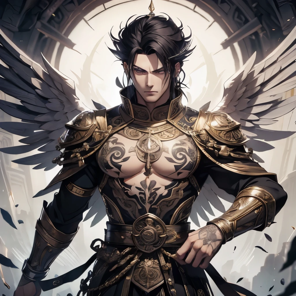 1 white man alone. middle-age. whole body, medium and straight black hair. GOD. Angelic Tight Fight Clothes, black with purple details. tribal tattoos on body. Haughty and gentle look. bright purple eyes. detailedeyes. Cao Cao. athletic.